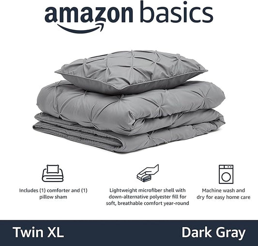 Amazon Basics 2 Piece Soft, Lightweight Down-Alternative All-Season Comforter and Bedding Set, Pinch Pleat, Twin/TwinXL, Dark Grey