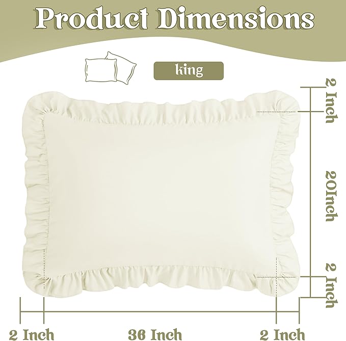 KKJIAF Ruffle Pillow Cases King Size Set of 2, Ruffled Pillow Covers with Envelope Closure, Wrinkle Resistant Ruffled Pillow Shams 20" x 36", Beige