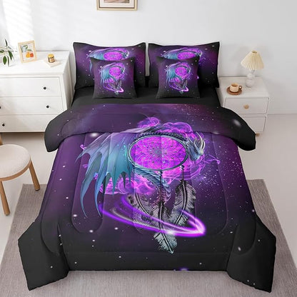 Erosebridal Gothic Dragon Dream Catchers Bed in a Bag King Size Comforter Set 7 Pieces,Purple Galaxy Bohemian Feather Bedding Sets Antique Animal Pterosaur Sheet Set with Comforter