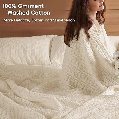 PHF 100% Cotton Waffle Weave Blanket King Size for Bed, Soft Lightweight & Breathable for Spring and Summer, All-Season Comfort, Luxury Aesthetic Blanket for Home Decor, 108"x90", Natural