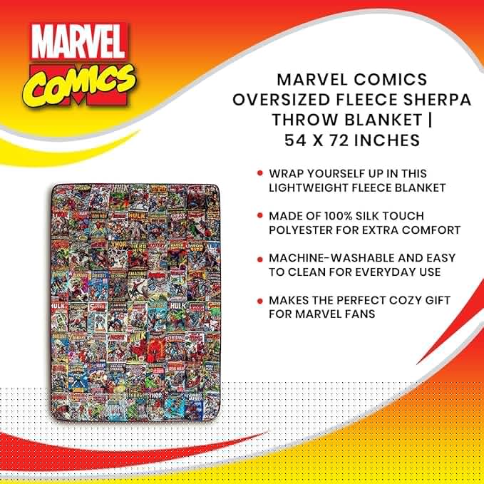 Marvel Comics Oversized Fleece Throw Blanket With Spider-Man, Captain America, Black Panther, More | Superhero Geeky Home Decor | Soft And Cozy Sherpa Blanket | 54 x 72 Inches