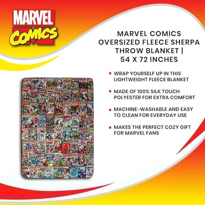 Marvel Comics Oversized Fleece Throw Blanket With Spider-Man, Captain America, Black Panther, More | Superhero Geeky Home Decor | Soft And Cozy Sherpa Blanket | 54 x 72 Inches