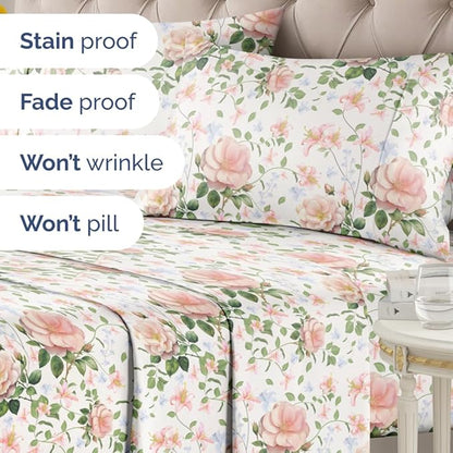 CGK Unlimited Floral Sheets - Pink Floral Rose Bed Sheet Set - 1 Flat, 1 Fitted & 2 Pillowcases w/Deep Pockets - Wrinkle & Fade Free - Boho Botanical Bedding - Ultra-Soft, Breathable and Cooling