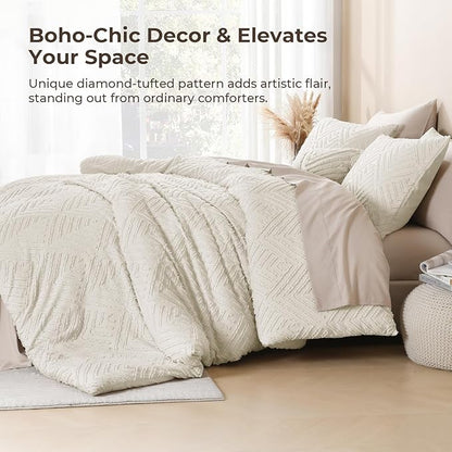 Litanika Beige Oversized King Size Comforter, 3 Pieces Cream Tufted Boho Farmhouse Bedding Comforter Sets, Lightweight Fluffy Bed Set for All Season (120x98In Comforter and 2 Pillowcases)