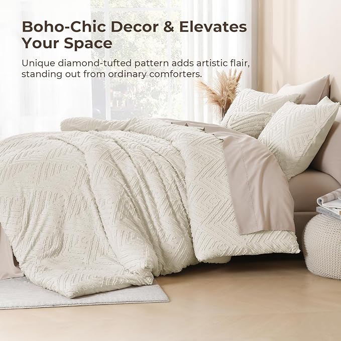 Litanika California King Comforter Set Beige, 3 Pieces Cream Tufted Boho Farmhouse Bedding Comforter Sets, Lightweight Fluffy Comforter Bed Set for All Season (104x96In Comforter and 2 Pillowcases)
