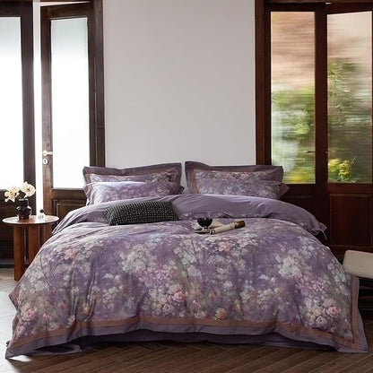 VM VOUGEMARKET Purple Floral Duvet Cover Set Queen,3 Pieces Garden Flower Duvet Cover with 2 Pillow Shams Smooth Silky Long Staple Cotton Bedding Set-Queen,90x90 Inch