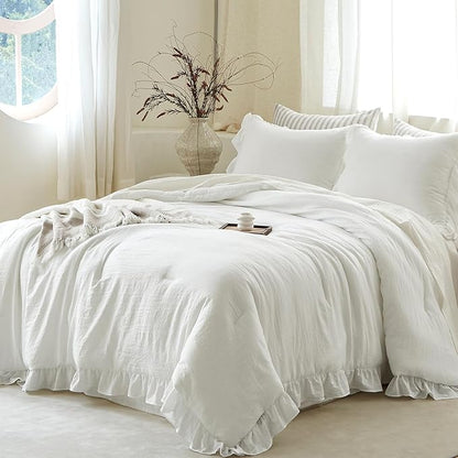 White Ruffle Comforter Set Queen, Pre-Washed Shabby Chic Bedding Set, Lightweight Cottagecore Soft Romantic Cozy 1 Comforter & 2 Shams, All-Season