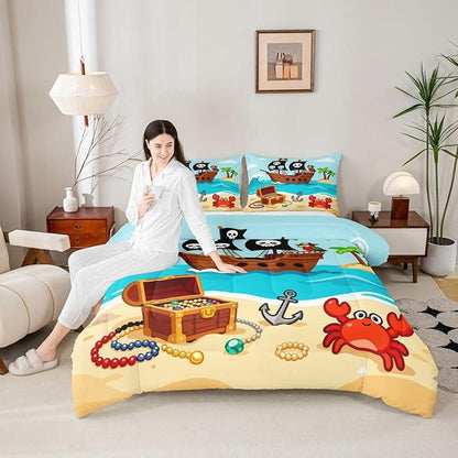 Cartoon Pirate Ship Comforter Set,Cartoon Parrot Crab Coastal Creature Bedding Sets for Kids Teens Adults,Nautical Sailing Ocean Theme Comforter Duvet Set with 1 Pillowcase Twin Size 2 Pcs