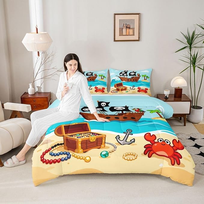 Cartoon Pirate Ship Bedding Set,Cartoon Parrot Crab Coastal Creature Comforter Set for Kids Teens Adults,Nautical Sailing Ocean Theme Comforter Duvet Set with 2 Pillowcases Full Size 3 Pcs