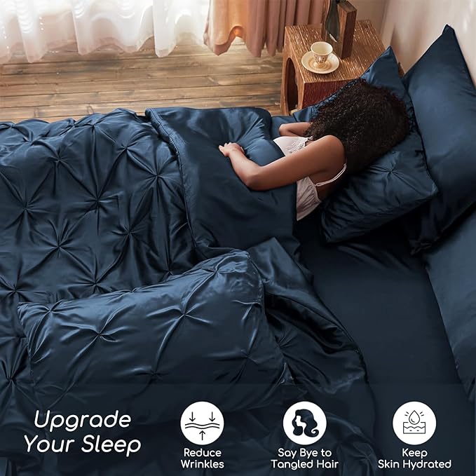 MR&HM Satin Comforter Queen 7 Pieces - Luxurious Pinch Pleat Bedding Set with Comforter, Flat Sheet, Fitted Sheet, Pillowcases & Shams, Super Silky Soft Bed Set for All Season (Queen, Mood Indigo)