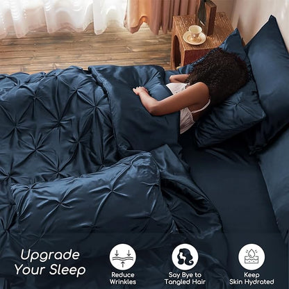 MR&HM Satin Comforter Queen 7 Pieces - Luxurious Pinch Pleat Bedding Set with Comforter, Flat Sheet, Fitted Sheet, Pillowcases & Shams, Super Silky Soft Bed Set for All Season (Queen, Mood Indigo)