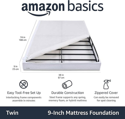 Amazon Basics Smart Box Spring Bed Base, 9-Inch Height Mattress Foundation, Tool-Free Easy Assembly, Convenient Support, Twin, 74" x 38" x 9", White