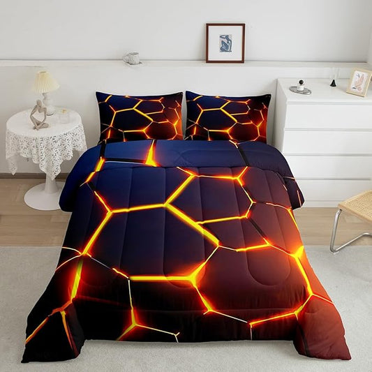 Honeycomb Print Bedding Set Red Black Fire Hexagonal Pattern Comforter Set for Kids Boys Girls Teens Beehive Geometrical Comforter Breathable Simplistic Duvet Set Room Decor Quilt Set Full Size