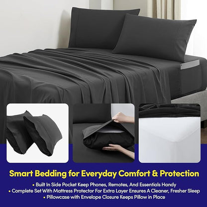 Full Size Comforter Set Quilted Stripe Bedding Bundle – Comforter, Mattress Protector, Sheets with Pockets on the Side & Built-in Corner Strap – Fitted Sheet Media Pocket for Devices, Black