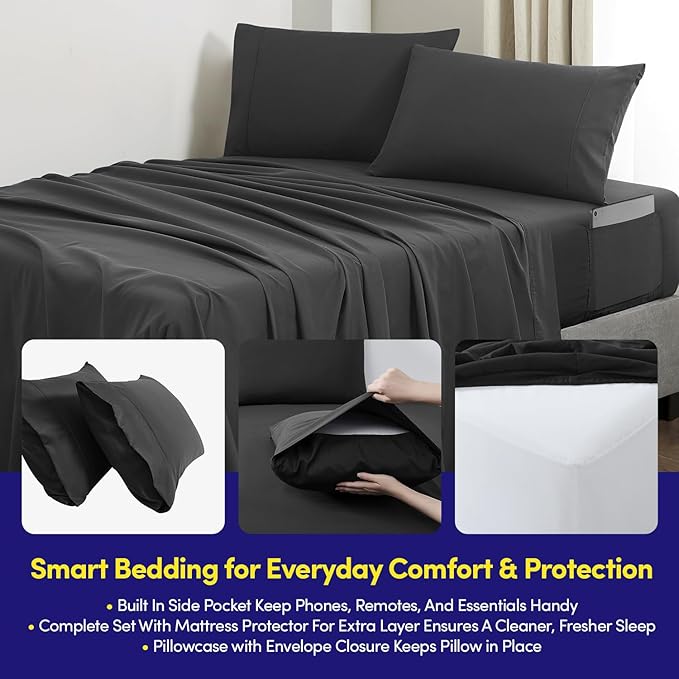 Queen Comforter Set Quilted Stripe Bedding Bundle – Comforter, Mattress Protector, Sheets with Pockets on the Side & Built-in Corner Strap – Fitted Sheet Media Pocket for Devices, Black