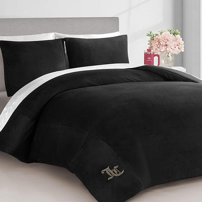 Juicy Couture Black Velour Full/Queen Comforter Set - 3 Piece Luxury Bedding Ensemble