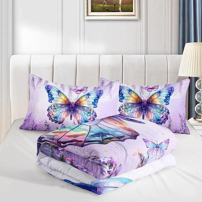 Lavender Comforter Set Twin Size,Violet Flower Butterfly 3 Piece Bedding Set Lightweight Down Alternative Spring Violet Bed Comforter and 2 Pillowcases for All Seasons