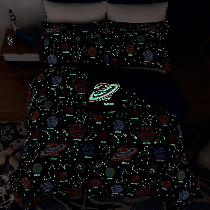 Twin Comforter Set for Boys-3 Pieces Space Glow in the Dark Twin Bedding Sets for Kids,1 Comforter,1 Sham and 1 Decor Pillow