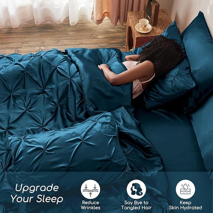 MR&HM Satin Comforter Full 7 Pieces - Luxurious Pinch Pleat Bedding Set with Comforter, Flat Sheet, Fitted Sheet, Pillowcases & Shams, Super Silky Soft Bed Set for All Season (Full, Teal)