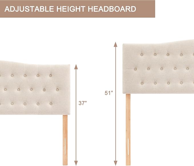 Tufted Headboard King Size, Solid Wood Adjustable Height Head Board, Beige | Upholstered King Headboard Only with Durable Solid Wood Legs, Adjustable Height 37-51 in, Fabric Button Diamond HeadBoards