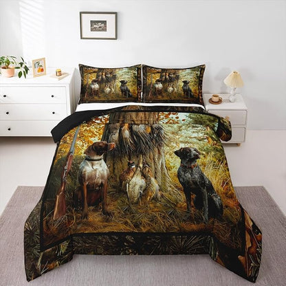 Erosebridal Pheasant Hunting Comforter Set Queen Size Black Dog Bedding Set Boho Farmhouse Wild Animals Down Comforter Woodland Leaves Hunter Gun Room Decor Quilt Set for Men Boys Adults Kid