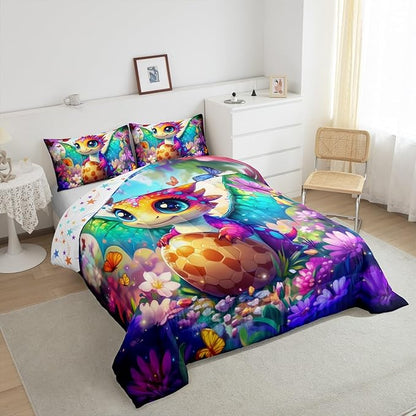 Castle Fairy Watercolor Flowers Butterfly Bedding Set for Boys Girls,Baby Dragon Eggs All Season Cozy Comforter Set Full Size,Cartoon Dragon Duvet Set Bedroom Decor,Personalized Birthday Gifts