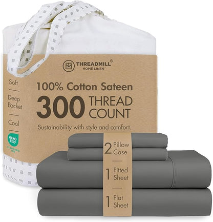 Threadmill Cotton Full Size Sheet Set| 100% Cotton Sheets for Full Size Bed | Solid Sateen Full Bed Sheets Set with 16” Elasticized Deep Pocket | Soft Breathable 4-Piece Cooling Sheet Set | Dark Grey