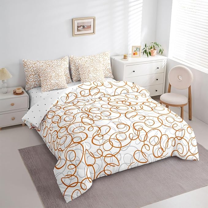 Erosebridal Geometric 7 Piece Comforter Set Full Bed in A Bag Orange White Abstract Lines Bedding Set for Boys Girls Bedroom Modern Abstract Texture Quilt Contemporary Swirls Aesthetic Sheet Set