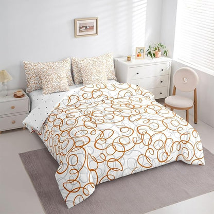 Erosebridal Geometric 7 Piece Comforter Set Twin Bed in A Bag Orange White Abstract Lines Bedding Set for Boys Girls Bedroom Modern Abstract Texture Quilt Contemporary Swirls Aesthetic Sheet Set