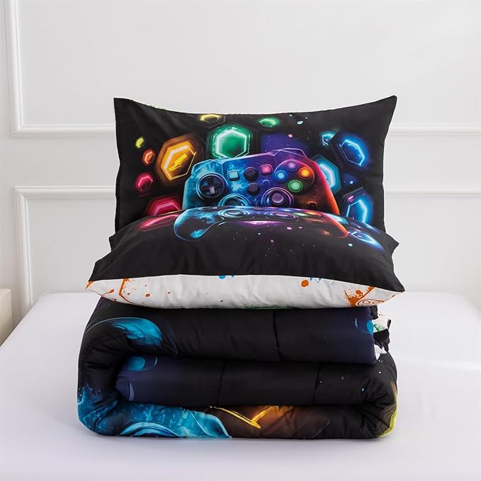 Aimuan Game Console Comforter Set for Boys Girls Kids Space Universe Gaming Geometric Lightweight Microfiber Gamer Bedding Sets (Black-Multi, Twin 3PCS)