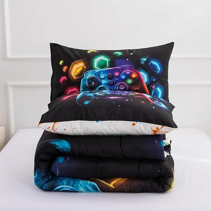 Aimuan Game Console Comforter Set for Boys Girls Kids Space Universe Gaming Geometric Lightweight Microfiber Gamer Bedding Sets (Black-Multi, Twin 3PCS)
