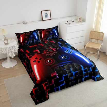 Erosebridal Gaming Bedding Sets for Boys,King Size Comforter Sets for Boys Girls Kids 3D Gamer Geometric Comforter,Game Console Lightweight Microfiber Duvet Quilt,Neon Red Blue Black Glowing