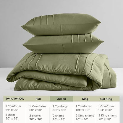 Comfort Spaces Olive Green Queen Size Comforter Set - 3 Piece Pintuck Pleated Bedding Set, All Season Lightweight, Extra Softness Pre-Washed Microfiber Bed Set, Shams