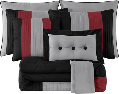 Chezmoi Collection Loft 8-Piece Luxury Striped Comforter Set (California King, Red/Black/Gray)