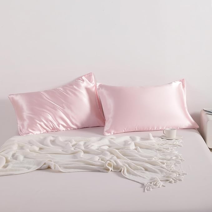 NTBAY 2 Pack Satin Standard Pillowcases for Hair and Skin, Luxurious and Silky Pillow Cases with Envelope Closure, 20x26 Inches, Light Pink