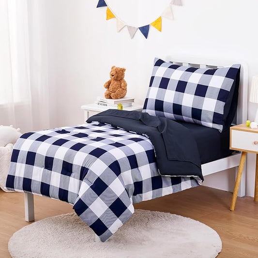 Wake In Cloud - Gingham Toddler Bedding Set for Girls Boys, Cute Plaid Buffalo Check, 4 Pieces Soft Crib Bed Set Including Comforter, Sheets and Pillowcase, Navy Blue