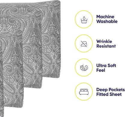 King Size Bed Sheets - 6 Piece 1500 Supreme Collection Fine Brushed Microfiber Deep Pocket King Sheet Set Bedding - 2 Extra Pillow Cases, Great Value, King, Paisley Gray