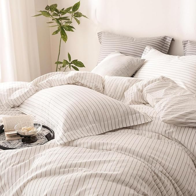 Stripe Duvet Cover Super Queen Size 98inch x 90inch,100% Washed Cotton Linen Feel Duvet Cover with Zipper Closure and 2 Pillowcases, Color of Off White-Linen Grey Stripe