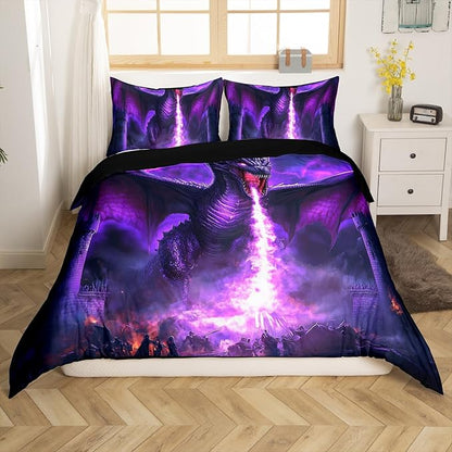Feelyou Cool Dragon Bedding Set Full Size Kids Lightning Comforter Cover Set 3D Dragon War Mythology Themed Ancient Wildlife Fire Duvet Cover Nebula Bedspread Cover Room Decor Quilt Cover,No Comforter
