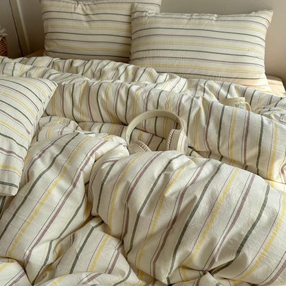 EAVD Retro Striped Duvet Cover Set Queen Size 100% Cotton Chic Stripes Printed Bedding Set with 2 Pillowcases Vintage Geometric Pattern Duvet Cover with Zipper Closure(Yellow&Green&Brown, Queen)
