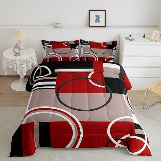 Erosebridal Modern Red Grey Black Stripes Comforter Set Geometric Down Comforter King Size Retro Circle Swirls Bedding Set Bedroom Decor Modern Abstract Texture Color Art Quilt Set