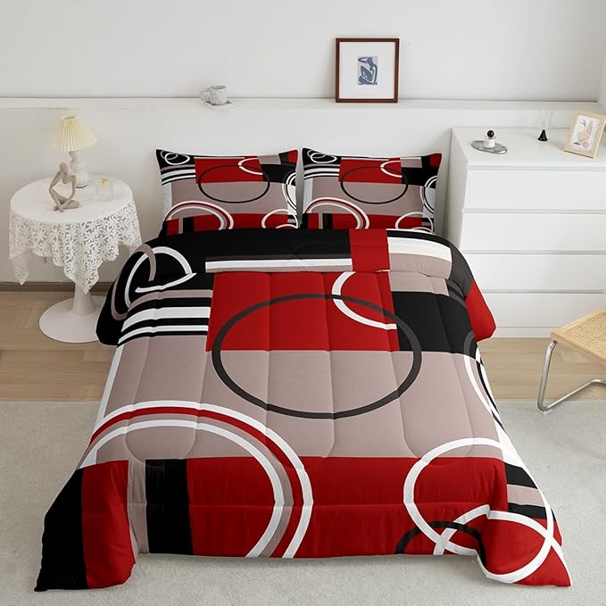 Erosebridal Modern Red Grey Black Stripes Comforter Set Geometric Down Comforter Twin Size Retro Circle Swirls Bedding Set Bedroom Decor Modern Abstract Texture Color Art Quilt Set