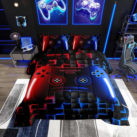 Erosebridal Gaming Bedding Sets for Boys,Full Size Comforter Sets for Boys Girls Kids 3D Gamer Geometric Comforter,Game Console Lightweight Microfiber Duvet Quilt,Neon Red Blue Black Glowing
