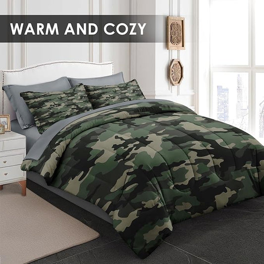 Comforter Set Full Size, Camo Army Camouflage 7 Pcs Bedding for Kids and Adults, Military Bed Sheet Sets with Fitted Sheet 2 Pillowcase & 2 Sham for Bedroom Bed Decor