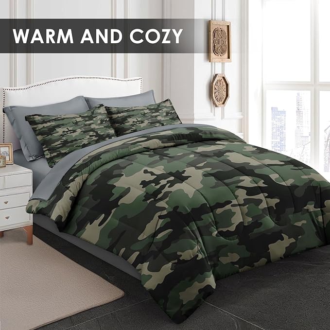 Comforter Set Queen Size, Camo Army Camouflage 7 Pcs Bedding for Kids and Adults, Military Bed Sheet Sets with Fitted Sheet 2 Pillowcase & 2 Sham for Bedroom Bed Decor