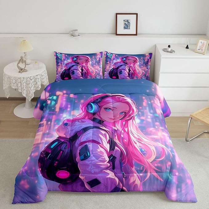 Erosebridal Anime Girl Queen Comforter Set Japanese Style 3D Anime Down Comforter for Kids Girls Boys Room Decor,Sci Fi Style Gaming Bedding Set Hot Pink Colorful Bed Duvet Insert