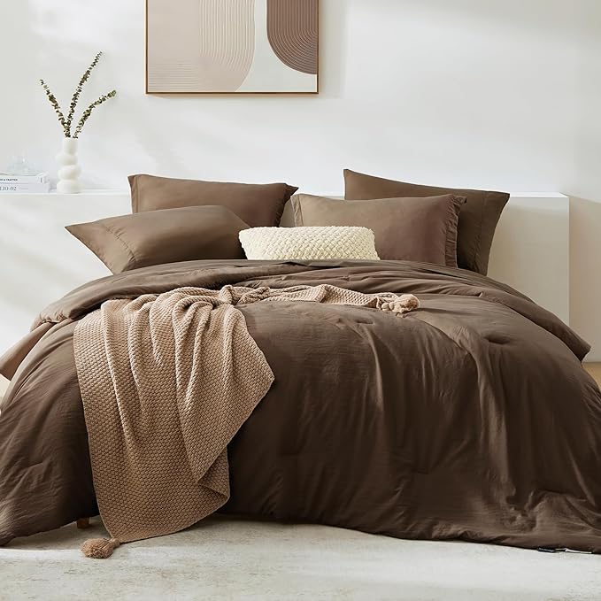 WRENSONGE King Size Comforter Set- 7 Pieces Soft Chocolate Brown Bed in a Bag King with Fitted Sheet, Flat Sheet, 2 Pillow Shams, and 2 Pillowcases-Warm King Bedding Set for All Season