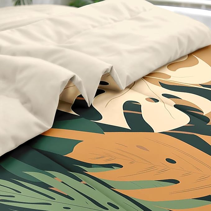 Comforter Set Twin Size, Boho Monstera Leaves 5 Pcs Bedding for Kids and Adults, Bohemian Plant Summer Bed Sheet Sets with Fitted Sheet Pillowcase & Sham for Bedroom Bed Decor