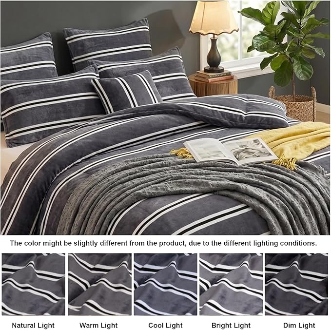 Bedbay Grey Striped Bedding Comforter Set Queen Size Luxury Velvet Fleece Comforter Set 3 Pcs Fluffy Plush Flannel Bedding Set Cozy Reversible Fleece Soft Warm Shaggy Faux Fur Bed Set All Season