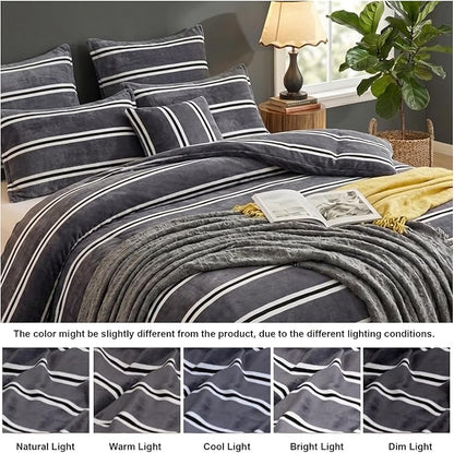 Bedbay Grey Striped Bedding Comforter Set Queen Size Luxury Velvet Fleece Comforter Set 3 Pcs Fluffy Plush Flannel Bedding Set Cozy Reversible Fleece Soft Warm Shaggy Faux Fur Bed Set All Season